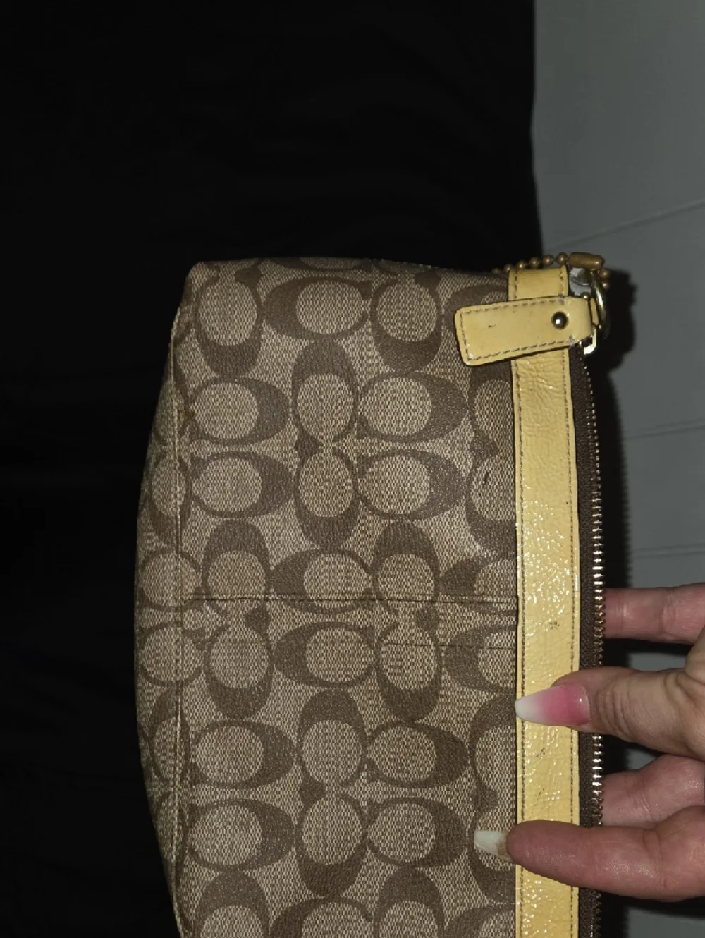 Coach Brown Signature Canvas Shoulder Bag with Yellow Trim - Picture 3 of 4